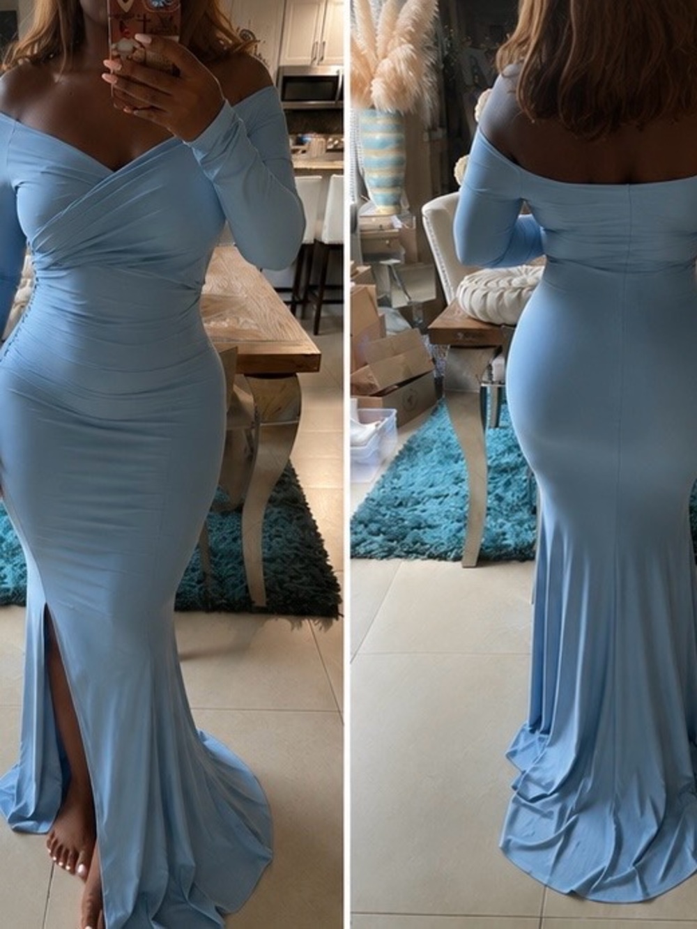 Fashion Nova Light Blue Off-Shoulder Ruched Maxi Gown